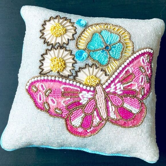 Beaded Butterfly Floral Spring Easter Throw Pillow - Picture 1 of 4